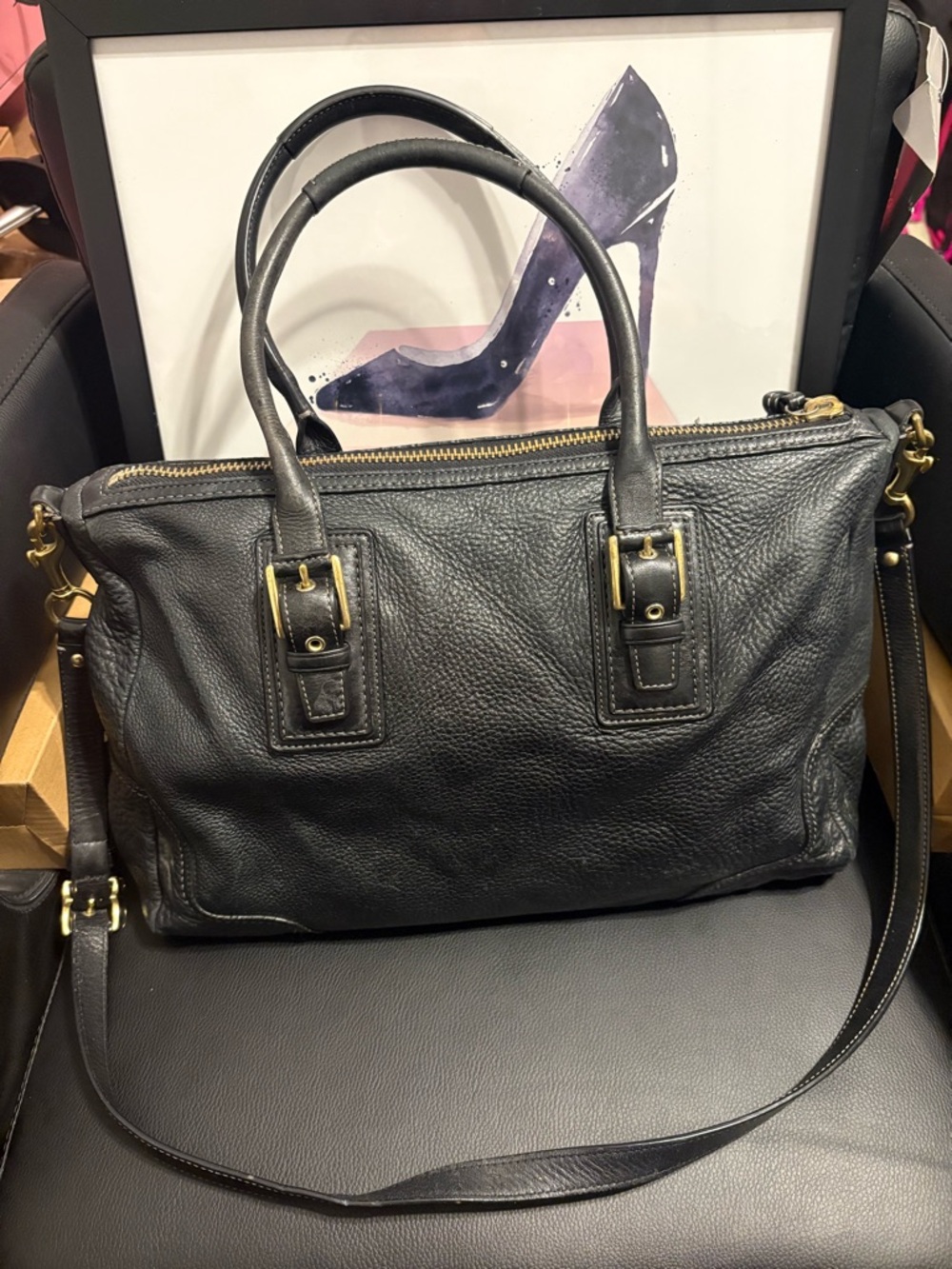Vintage Coach Hamilton Black Leather Satchel with Gold hardware